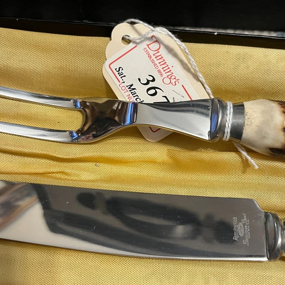 Vintage Remington Antler Handle Knife and Fork Set in Black and Gold Box - Picture 6 of 17